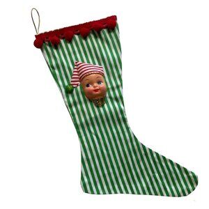 Christmas Stocking with Dolly Face Holiday Decor Xmas Vintage Handmade